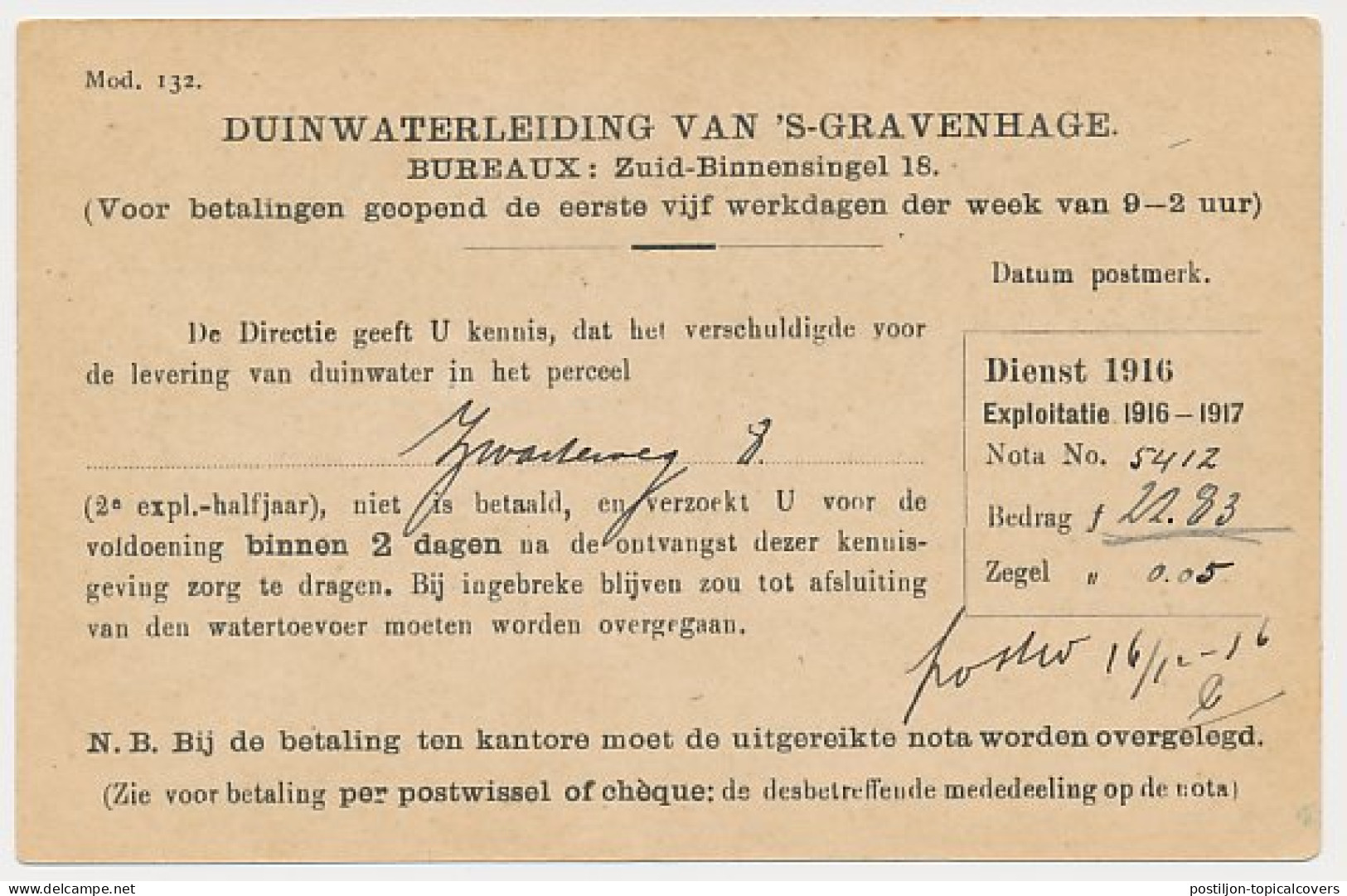 Briefkaart G. DW88a-II-a - Duinwaterleiding S-Gravenhage 1916 - Interi Postali