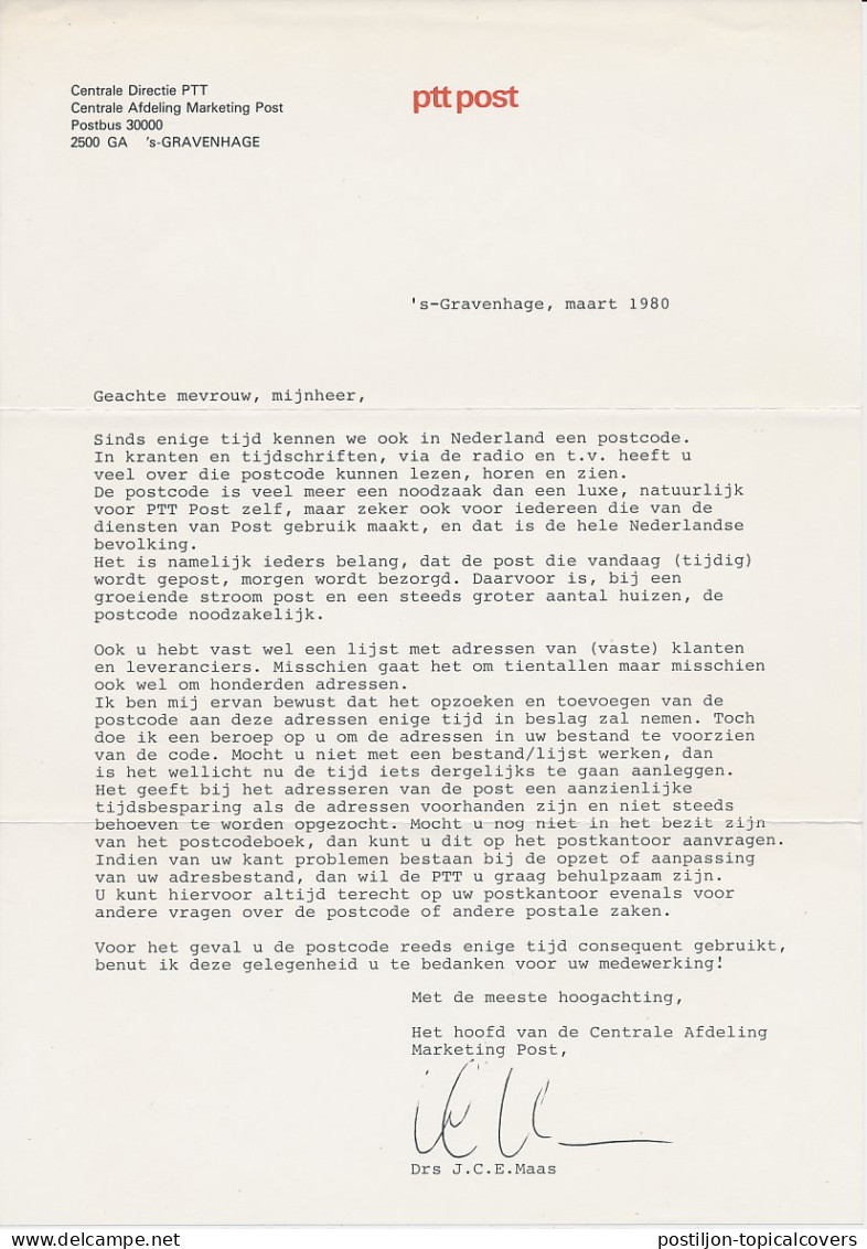 Dienst PTT Den Haag - Amsterdam 1980 - Invoering Postcode - Zonder Classificatie