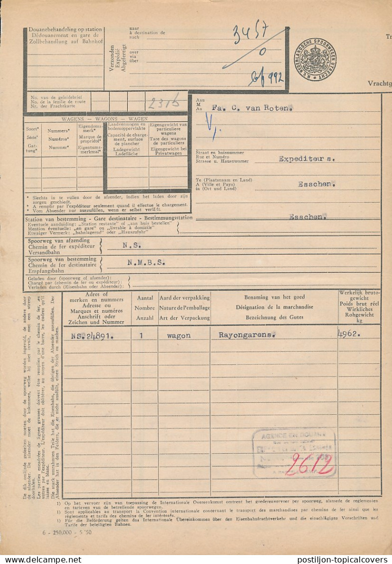 Vrachtbrief N.S. Roosendaal - Belgie 1951 - Zonder Classificatie