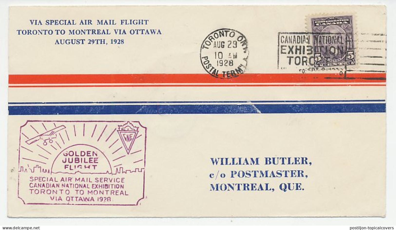 Cover / Postmark Canada 1928 Jubilee Flight - Exhibition Toronto - Sin Clasificación