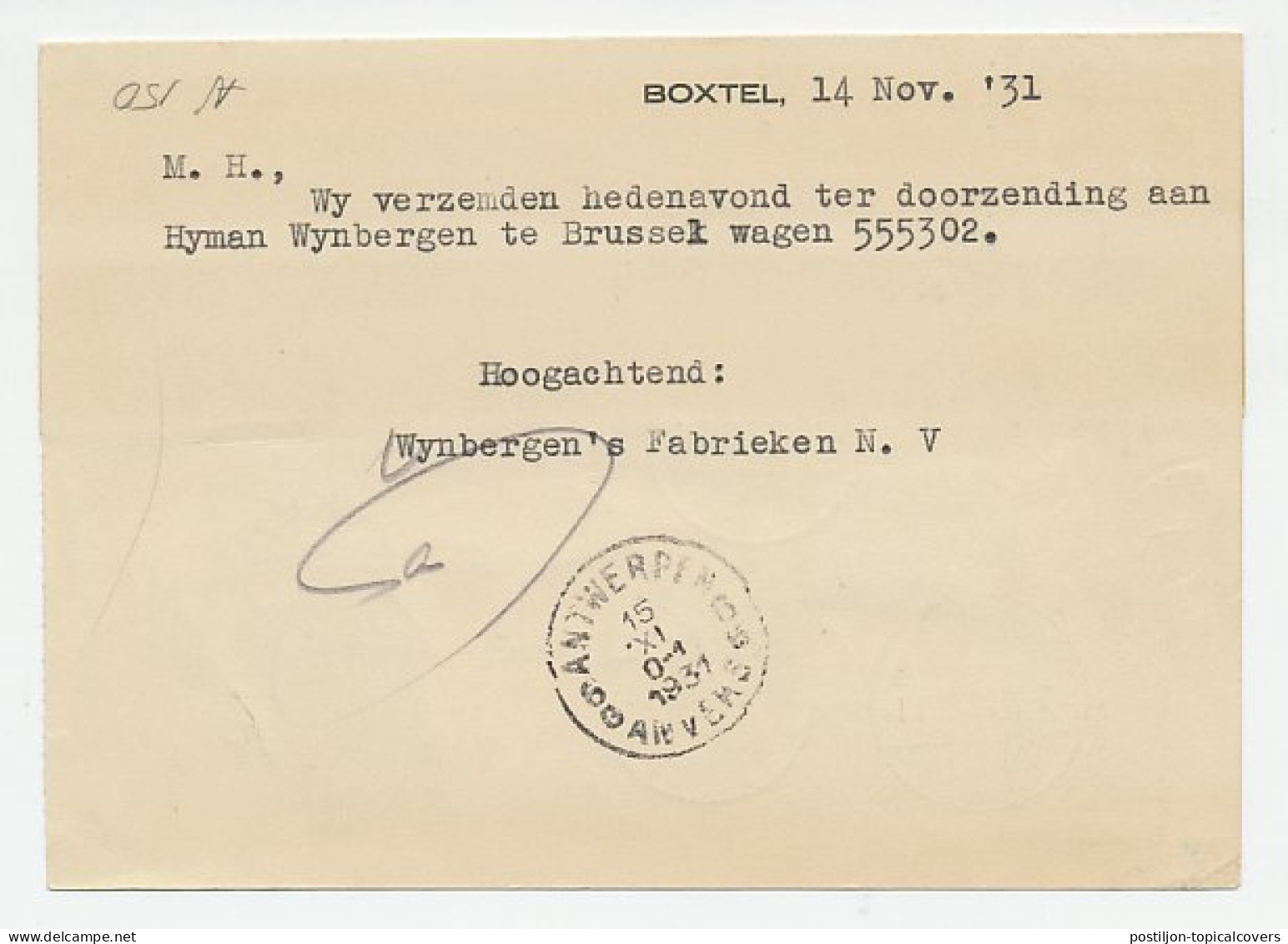 Em. Veth Expresse Boxtel - Belgie 1931 - Zonder Classificatie