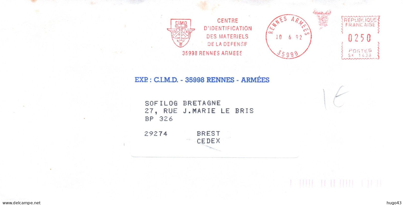 ENVELOPPE AVEC FLAMME EMA -CENTRE D( IDENTIFICATION DES MATERIELS DE LA DEFENSE - LE 10/06/92 - Posta Marittima