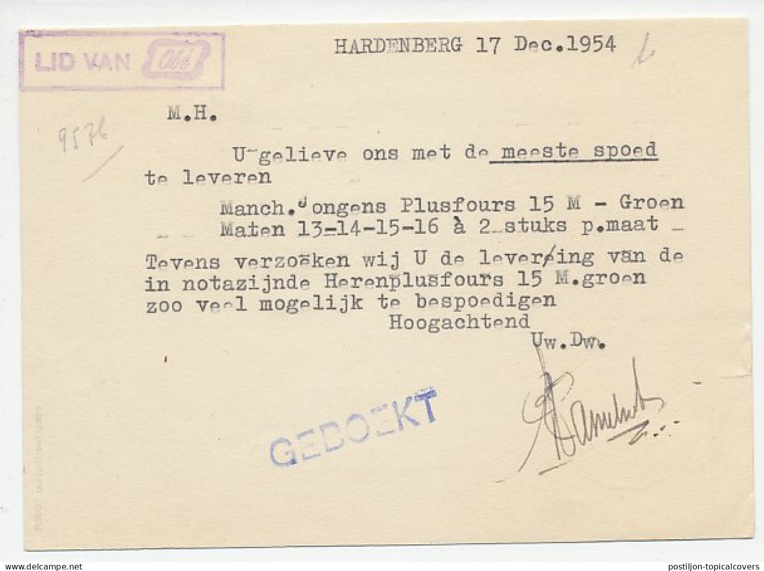 Firma Briefkaart Hardenberg 1954 - Textiel - Zonder Classificatie