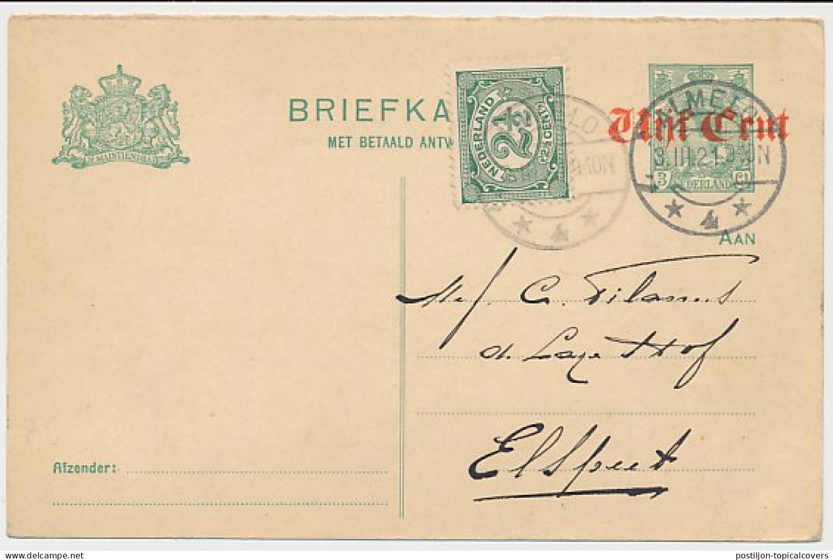 Briefkaart G. 115 V-krt. / Bijfrankering Almelo - Elspeet 1921 - Postwaardestukken