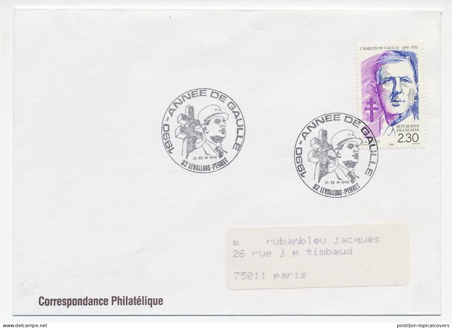 Cover / Postmark France 1990 Charles De Gaulle - Other & Unclassified