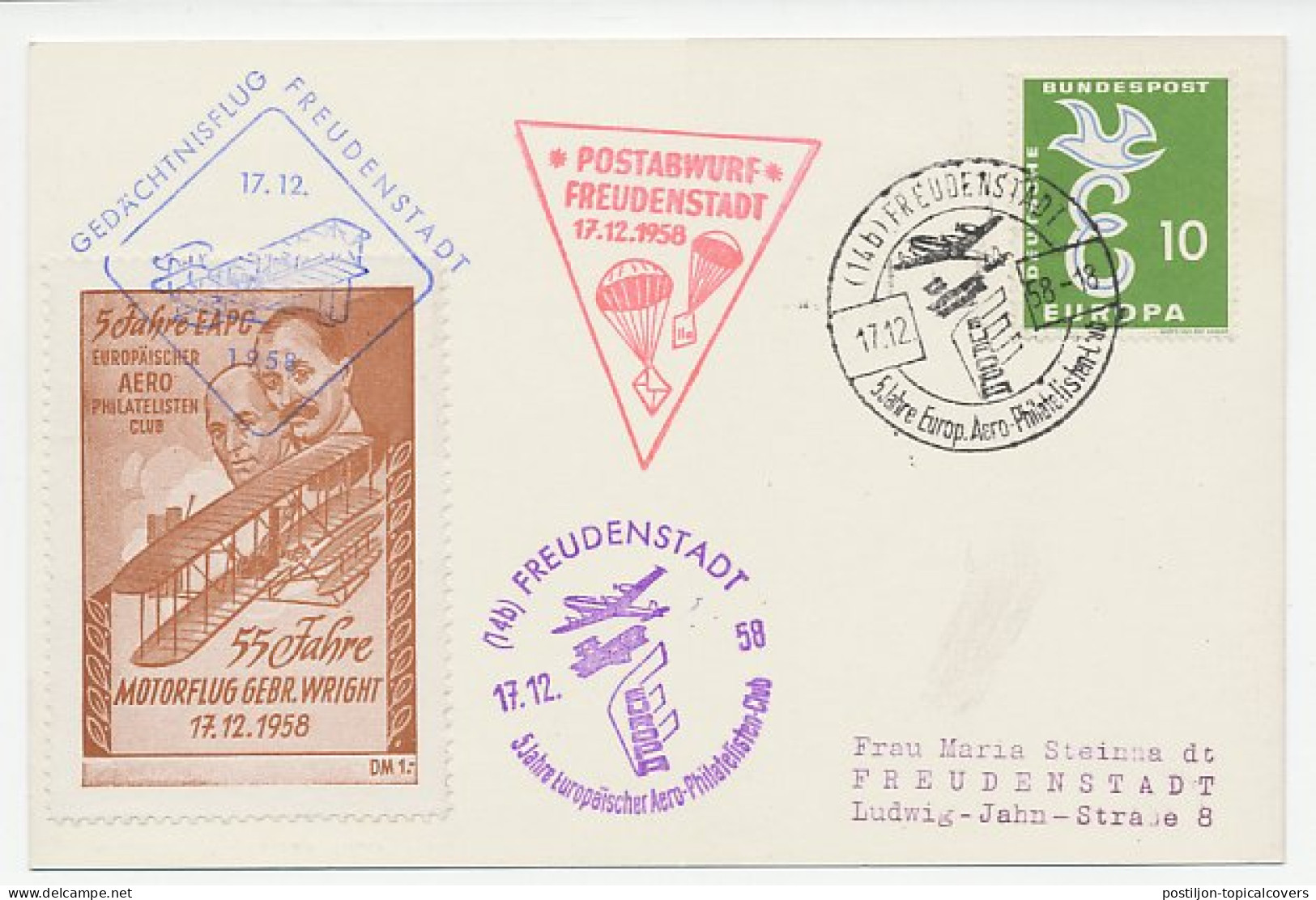 Picture Postcard / Postmark Germany 1958 Brothers Wright - Memorial Flight - Flugzeuge