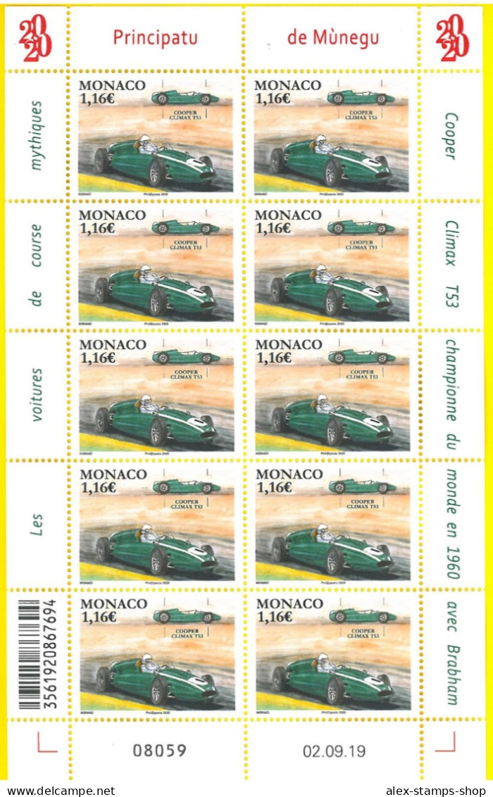 MONACO 2020 LEGENDARY RACE CARS COOPER CLIMAX T53 SHEET - FOGLIETTO AUTO CORSA - Unused Stamps