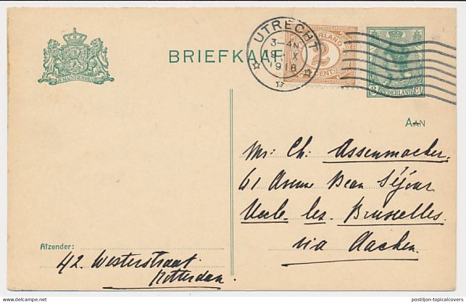 Briefkaart G. 99 A I / Bijfrankering Utrecht - Belgie 1918 - Material Postal