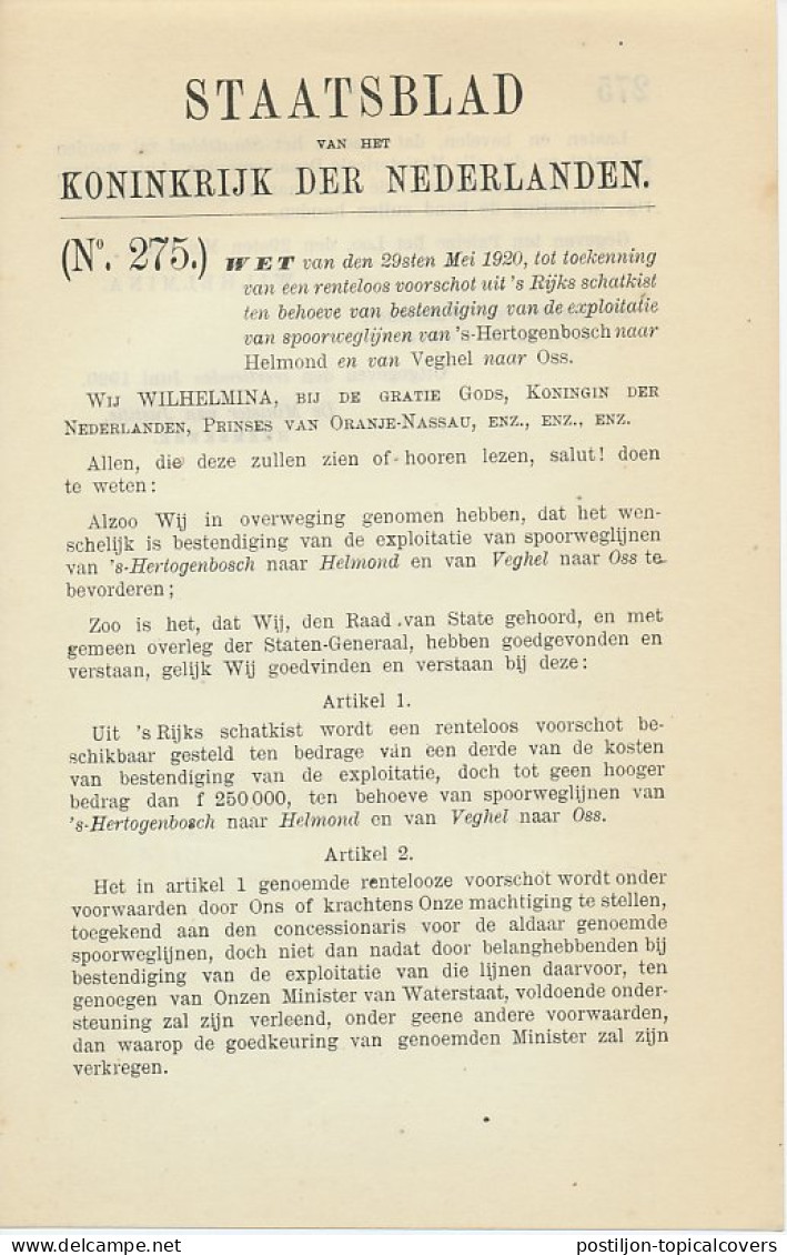 Staatsblad 1920 : Spoorlijn S Hertogenbosch - Helmond Enz. - Documents Historiques