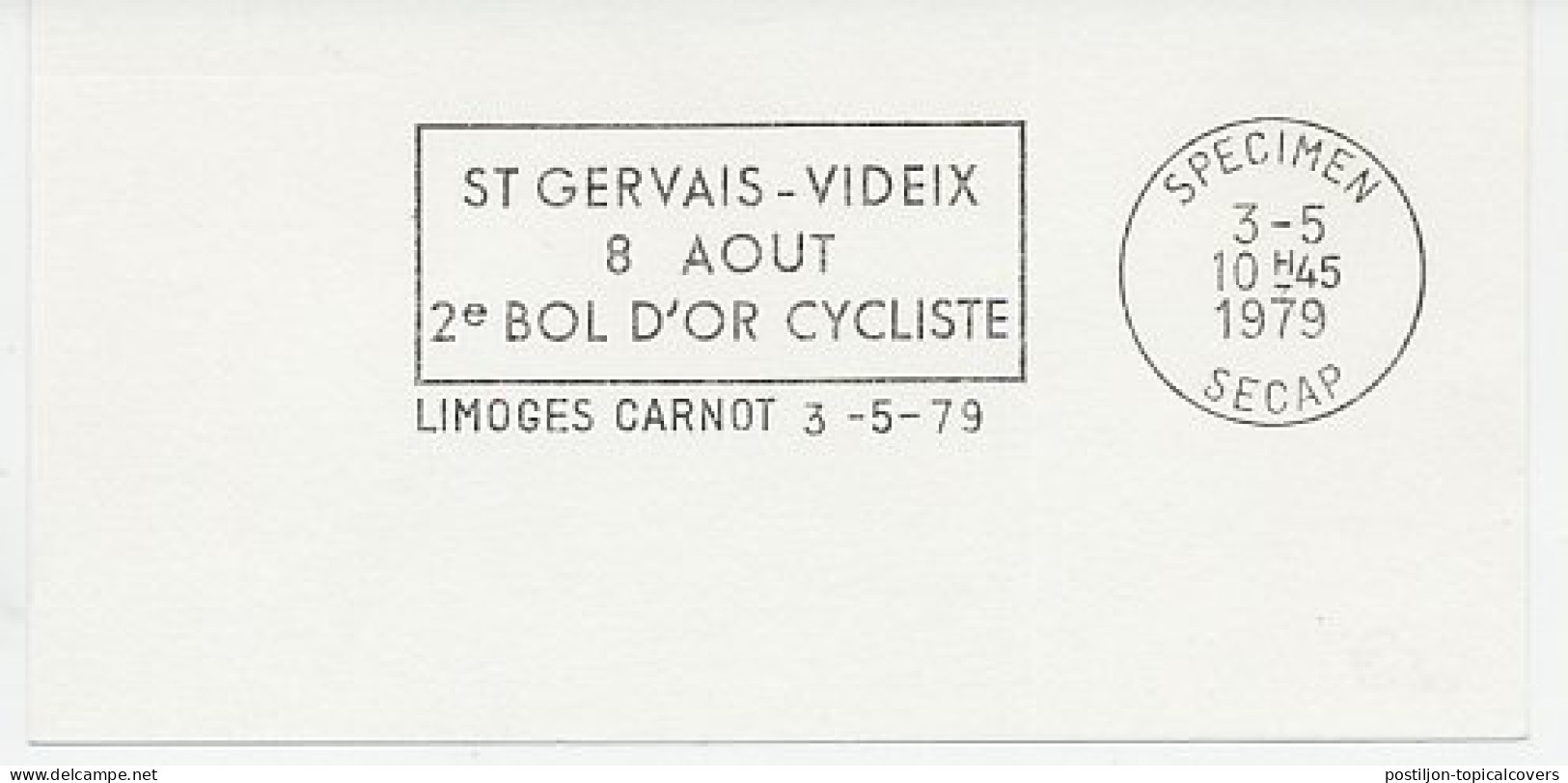 Specimen Postmark Card France 1979 Cycling - Golden Bowl - Altri & Non Classificati
