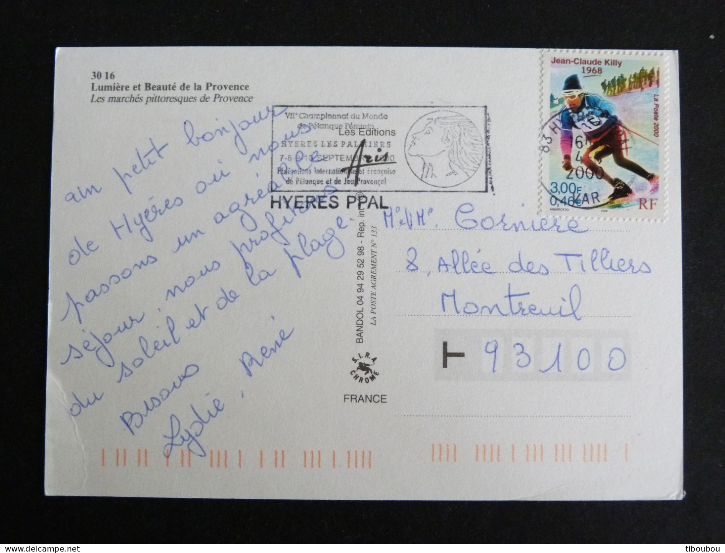 HYERES - VAR - FLAMME TEMPORAIRE PETANQUE FEMININ 2000 SUR YT 3315 JEAN CLAUDE KILLY - LES MARCHES DE PROVENCE - Mechanical Postmarks (Advertisement)