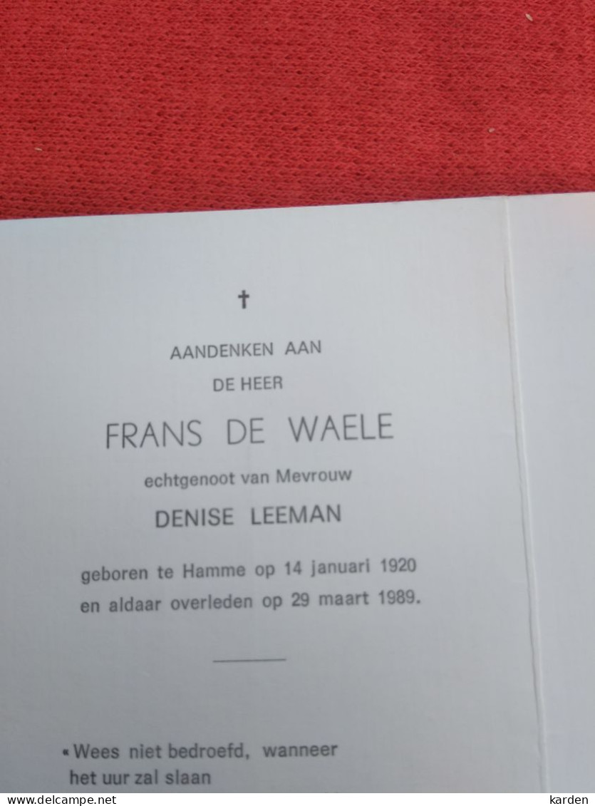 Doodsprentje Frans De Waele / Hamme 14/1/1920 - 29/3/1989 ( Denise Leeman ) - Religión & Esoterismo