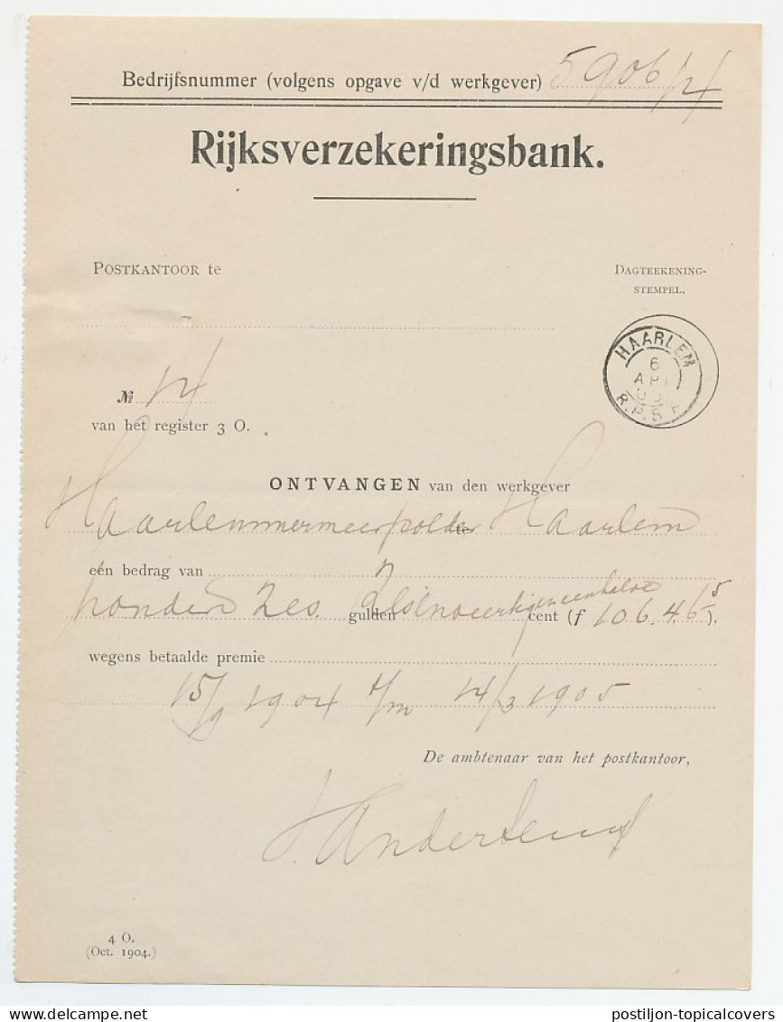 Haarlem RPSB 1905 - Kwitantie Rijksverzekeringsbank - Ohne Zuordnung