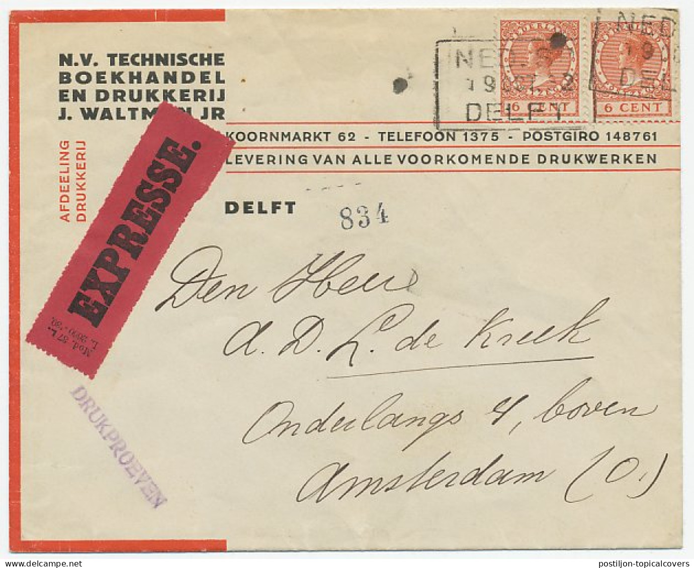 Spoorweg Expresse Poststuk Delft - Amsterdam 1932 - Unclassified