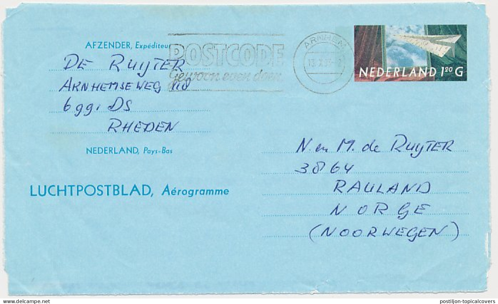 Luchtpostblad G. 32 Arnhem - Rauland Noorwegen 1993 - Postal Stationery