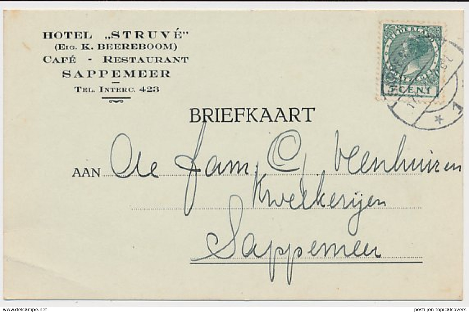 Firma Briefkaart Sappemeer 1927 Hotel Struve - Cafe - Restaurant - Zonder Classificatie