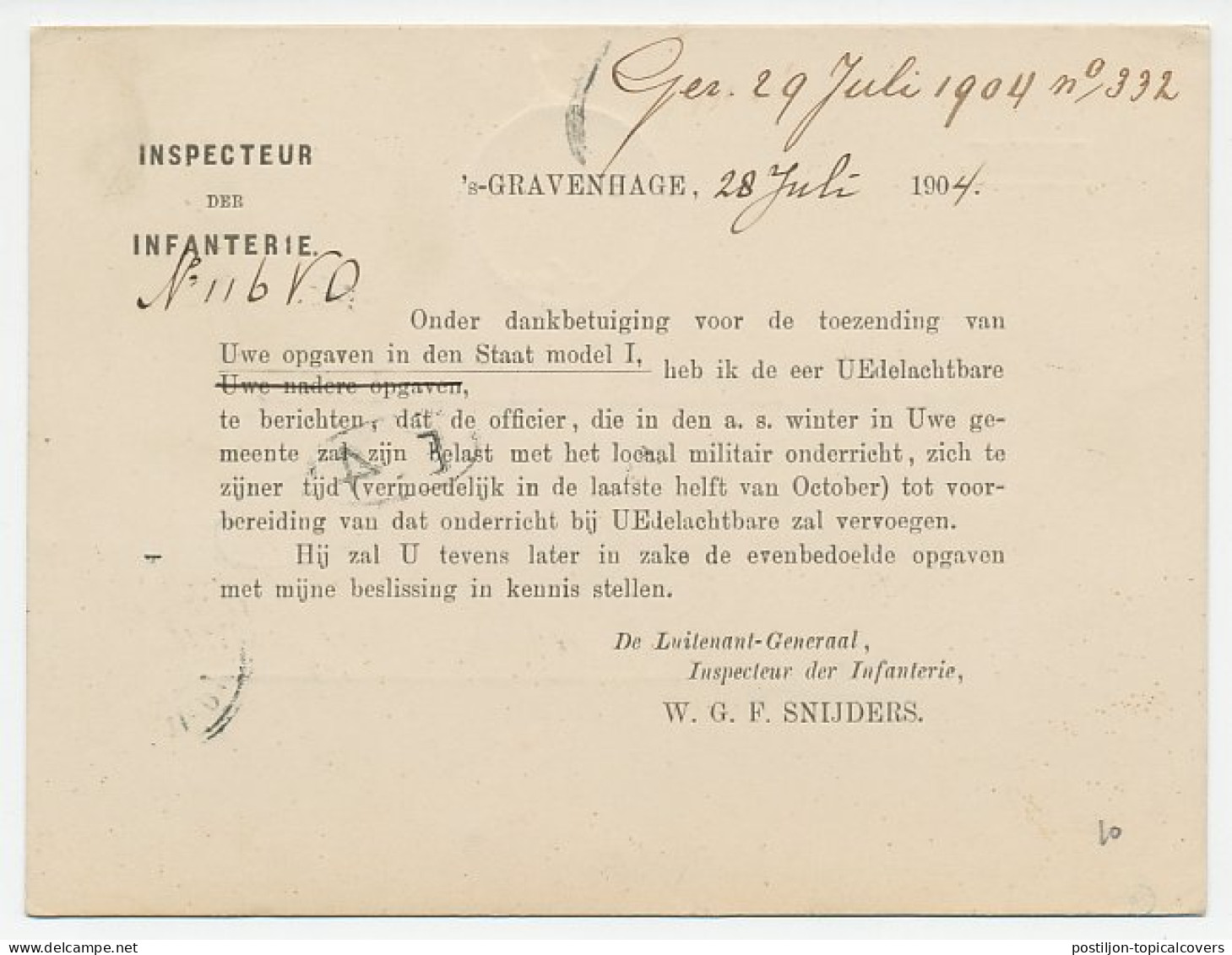 Dienst Den Haag - Uithuizen 1904 - Inspecteur Der Infanterie - Ohne Zuordnung