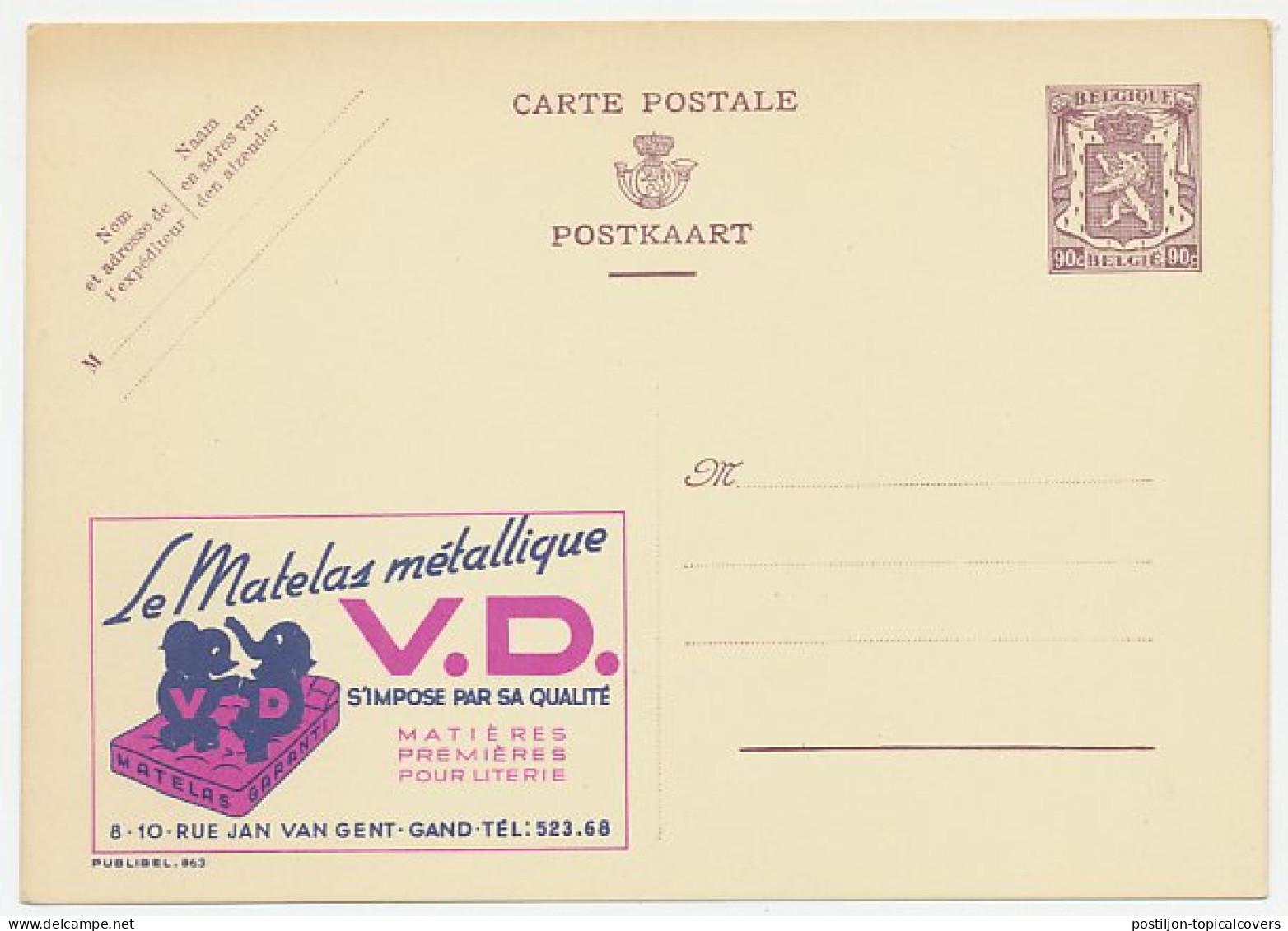 Publibel - Postal Stationery Belgium 1948 Mattress - Bed - Elephant - Ohne Zuordnung