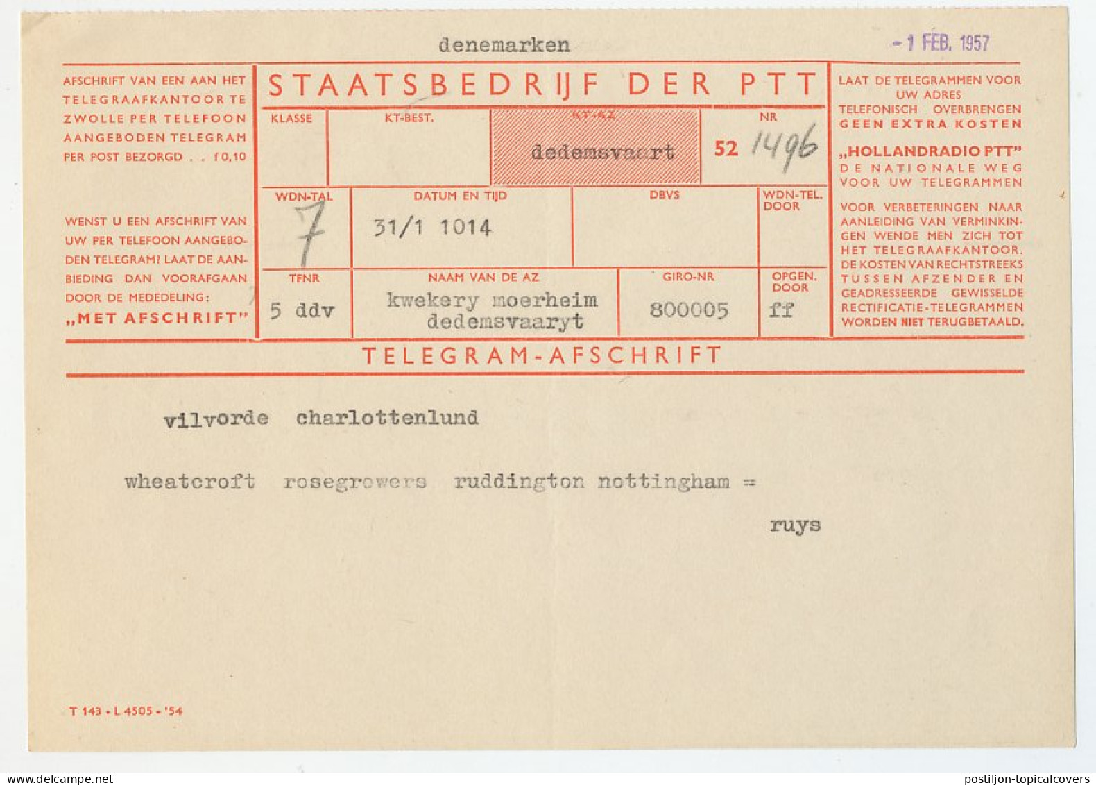 Telegramafschrift Ruddington - Dedemsvaart 1957 - Zonder Classificatie