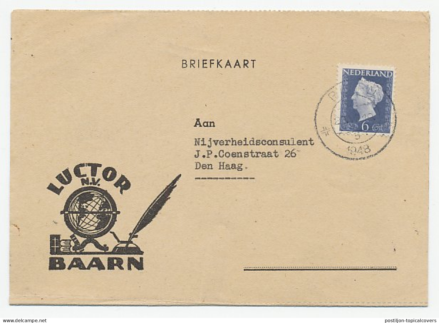 Firma Briefkaart Baarn 1948 - Globe / Boek / Inkt - Unclassified
