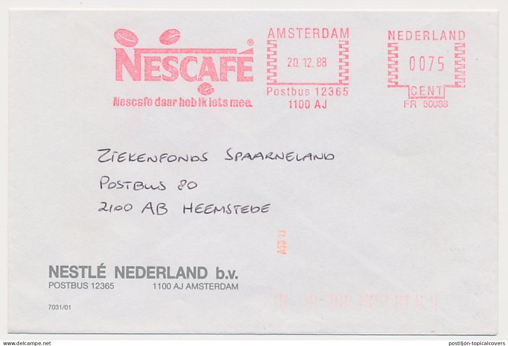 Meter Cover Netherlands 1988 Coffee - Nescafe - Amsterdam - Autres & Non Classés
