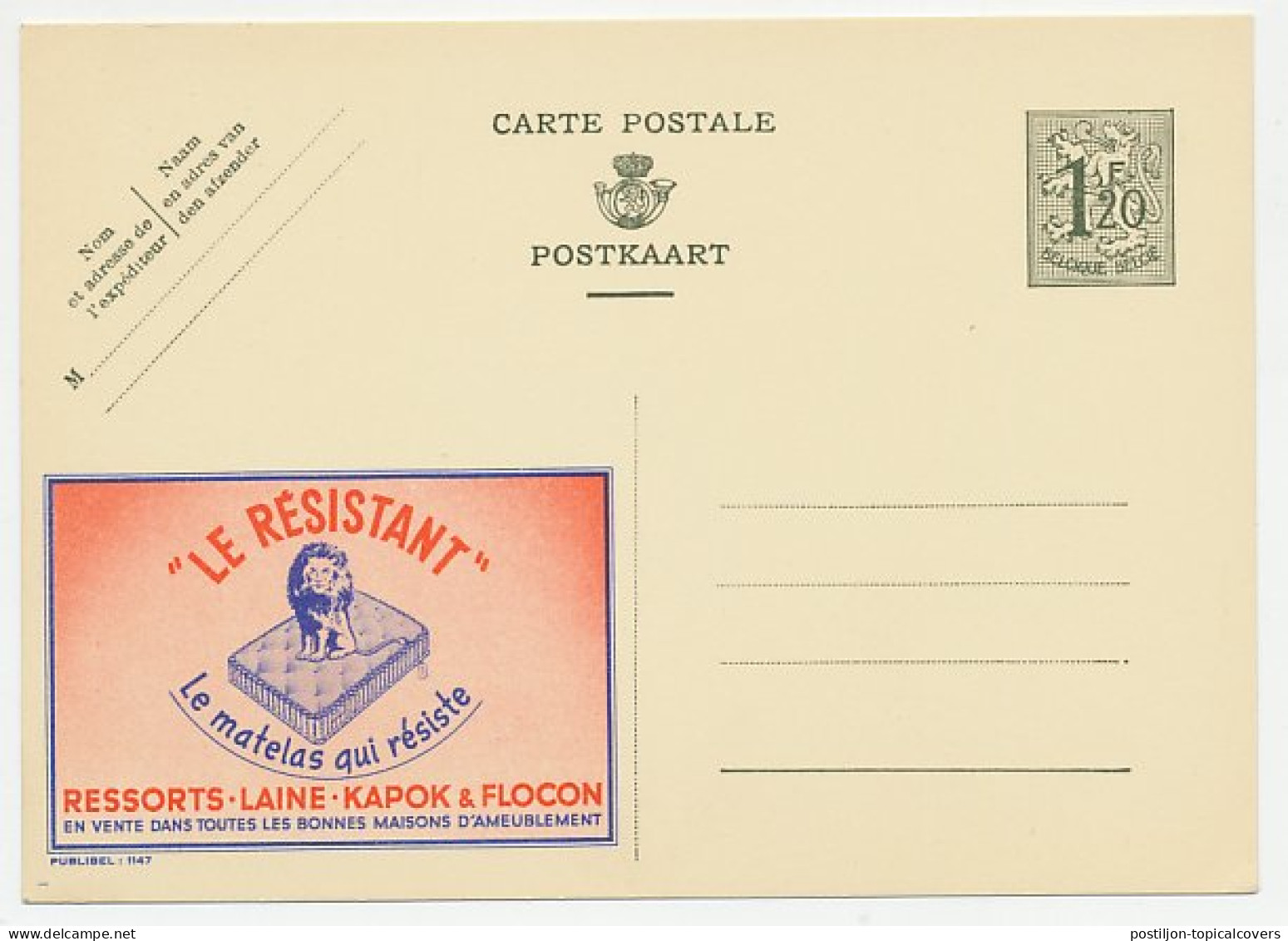 Publibel - Postal Stationery Belgium 1952 Lion - Mattress - Andere & Zonder Classificatie