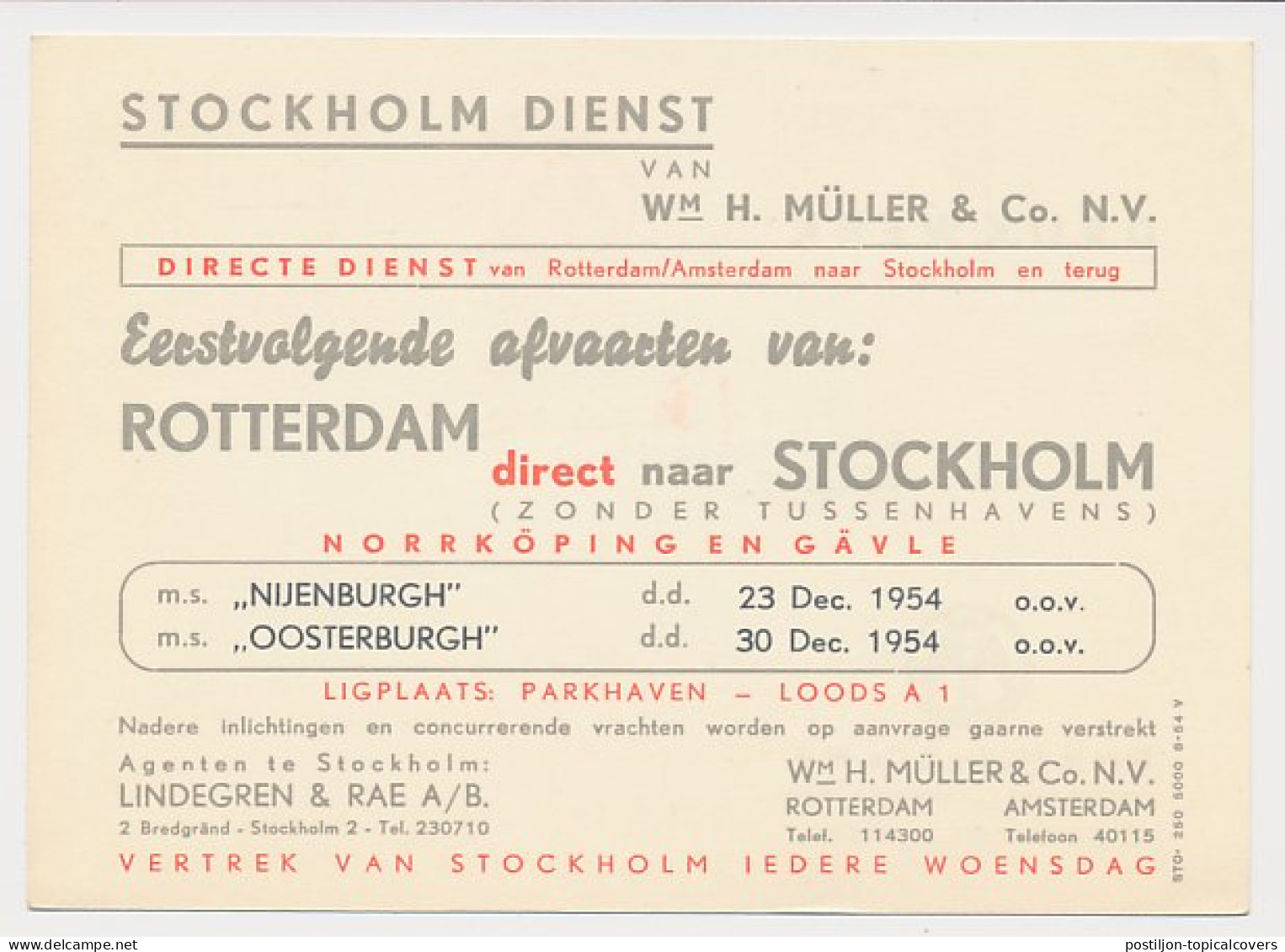 Meter Card Netherlands 1954 Shipping Company Muller And Co. - Rotterdam - Sweden - Schiffe