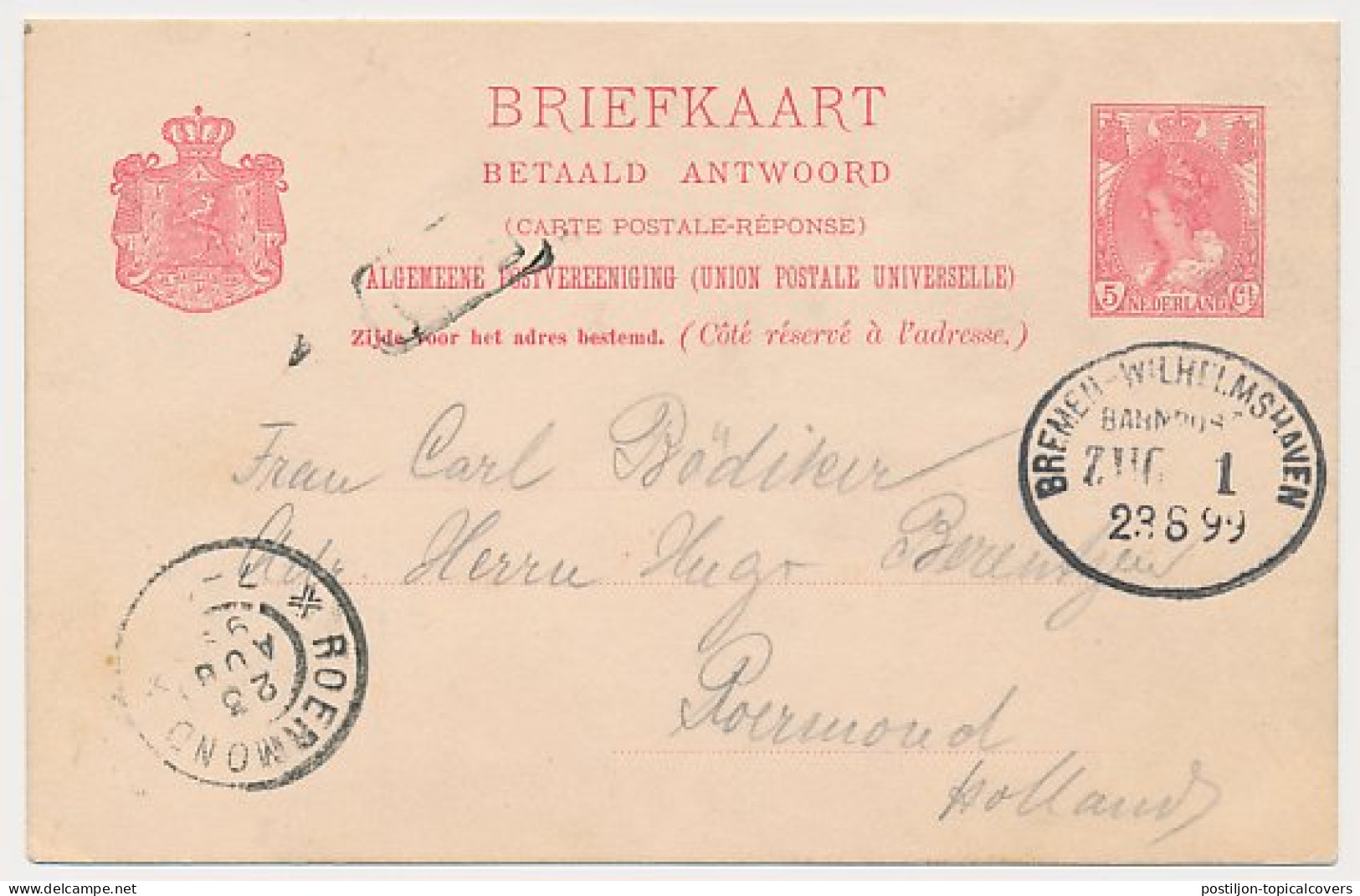 Oldenburg - Trein Ovaalstempel Bremen - Wilhelmshaven 1899 - Unclassified