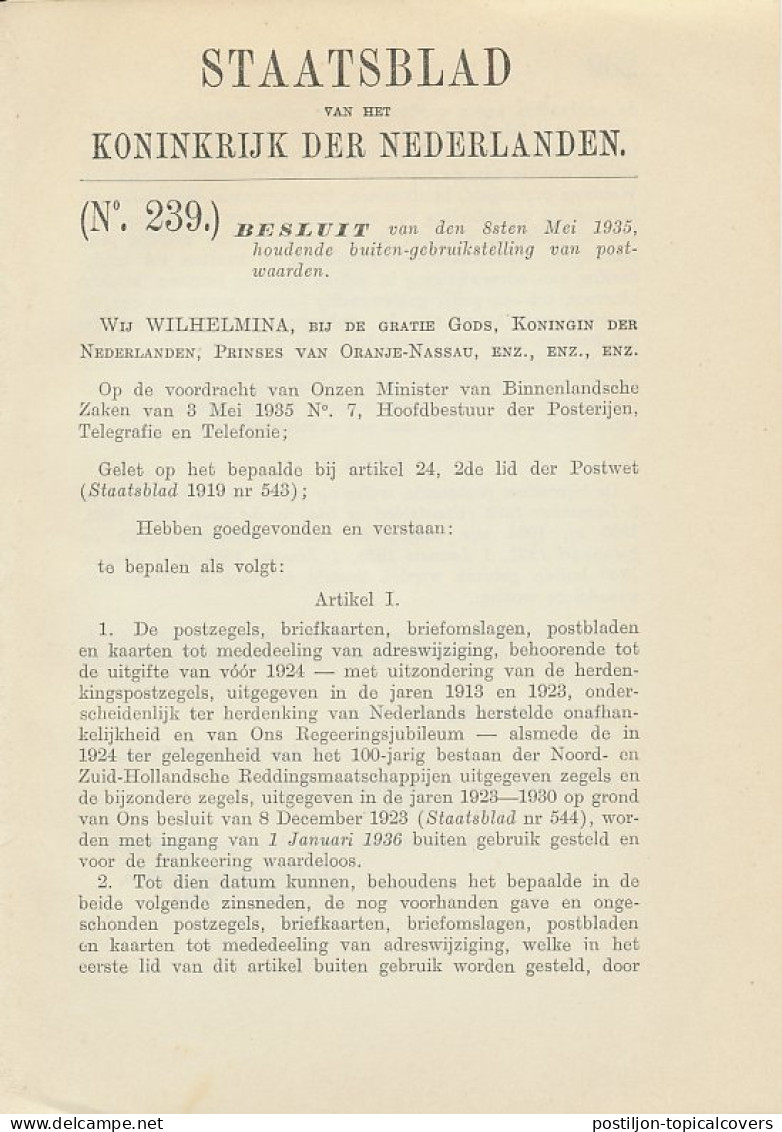 Staatsblad 1935 : Buiten Gebruikstelling Diverse Postwaarden - Cartas & Documentos