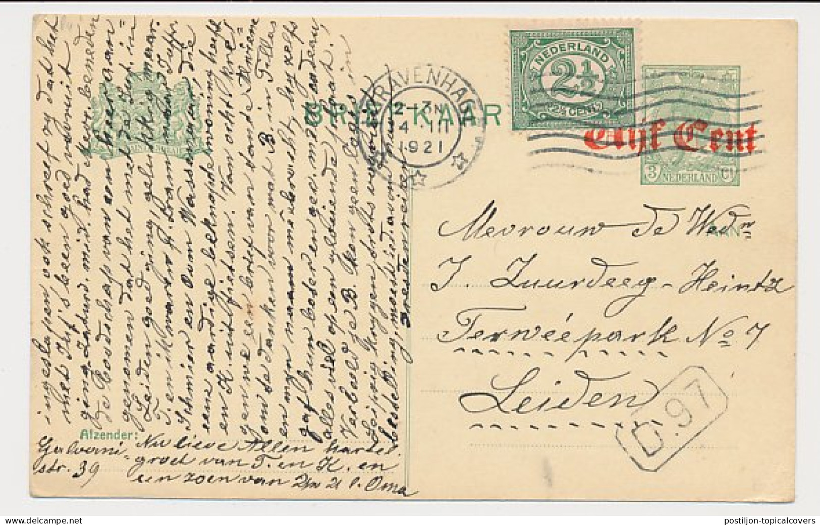 Briefkaart G. 114 I / Bijfrankering Den Haag - Leiden 1921 - Entiers Postaux