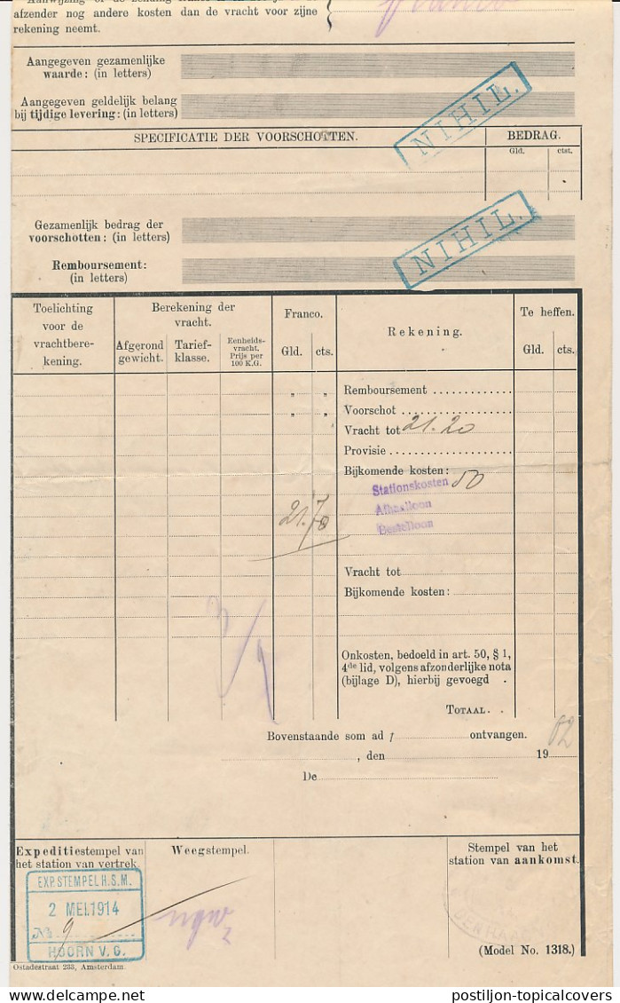 Vrachtbrief H.IJ.S.M. Hoorn - Den Haag 1914 - Non Classificati