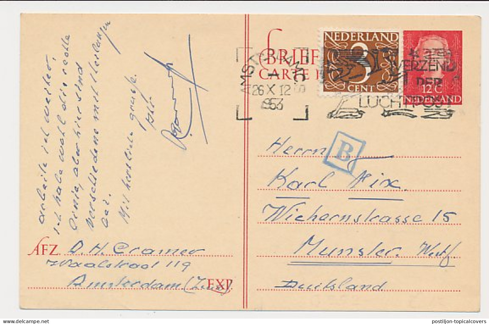 Briefkaart G. 306 / Bijfrankering Amsterdam - Duitsland 1953 - Material Postal