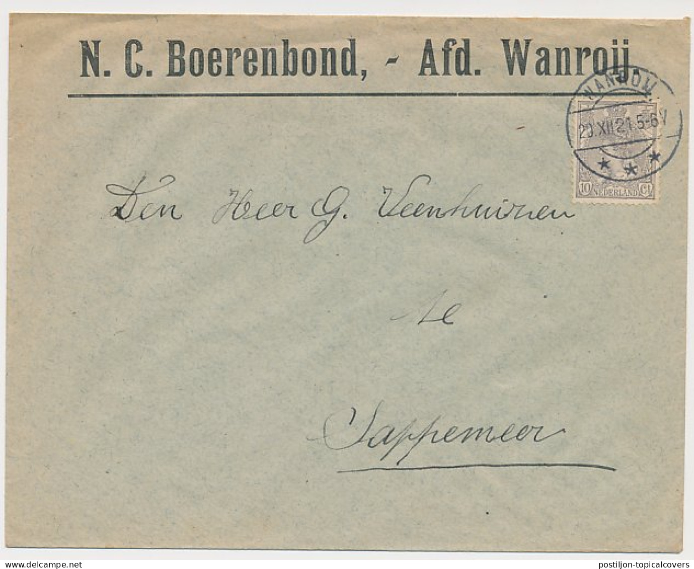 Envelop Wanroij 1921 - N.C. Boerenbond - Non Classificati