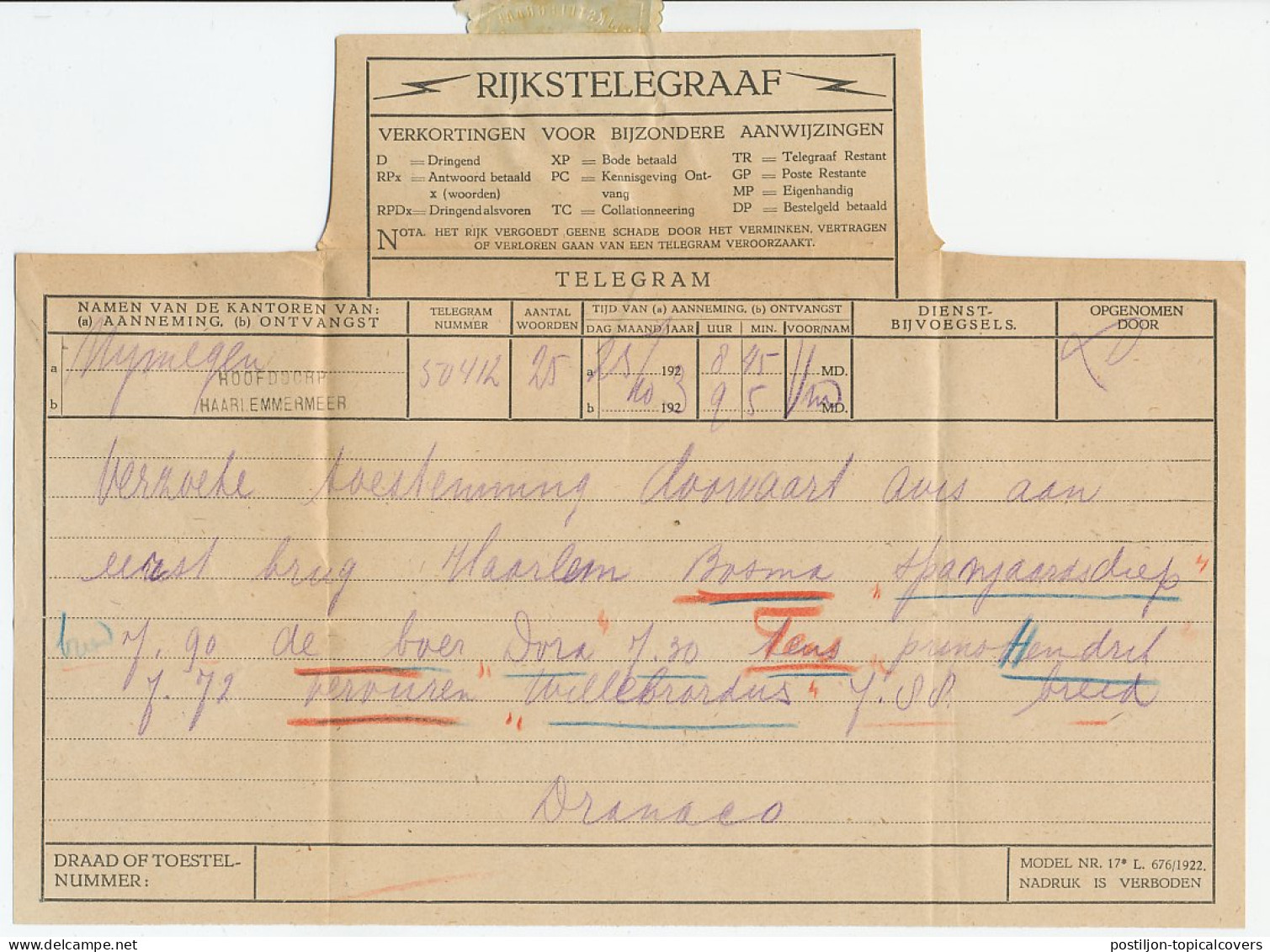 Telegram Nijmegen - Hoofddorp Haarlemmermeer 1923 - Zonder Classificatie