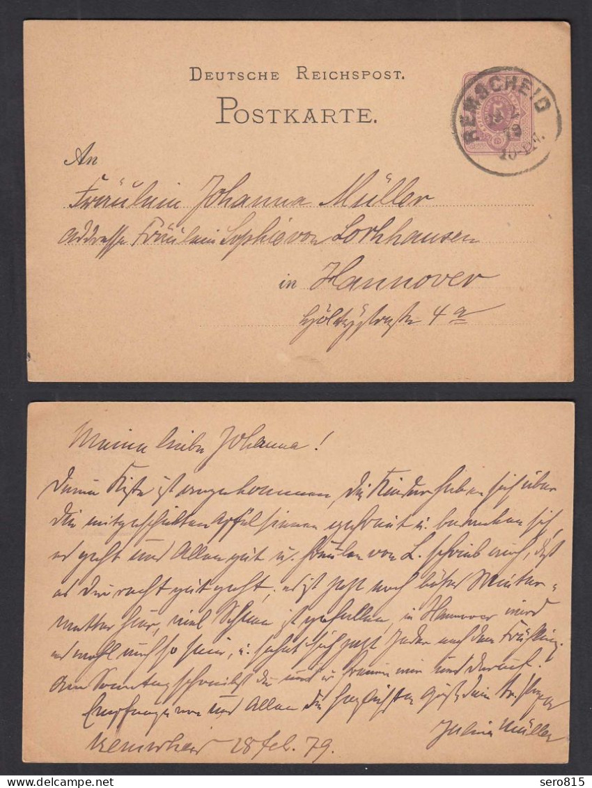 Remscheid Deutsches Reich 1879 5 Pfennige Postkarte Ganzsache Nach Hannover - Postkarten