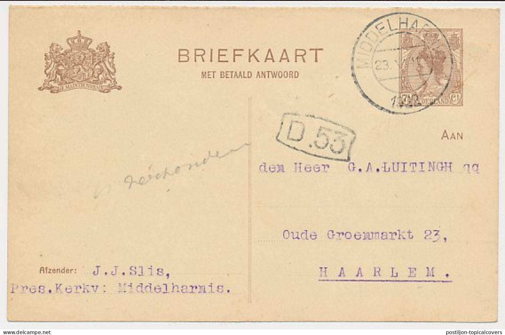 Briefkaart G. 123 I V-krt. Middelharnis - Haarlem 1922 - Interi Postali