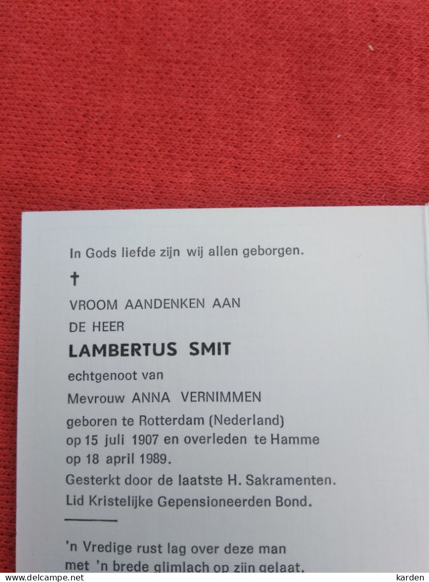 Doodsprentje Lambertus Smit / Rotterdam (NL) 15/7/1907 Hamme 18/4/1989 ( Anna Vernimmen ) - Religion & Esotericism