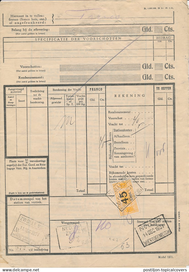 Vrachtbrief / Spoorwegzegel N.S. Zwolle - S Hertogenbosch 1931 - Zonder Classificatie