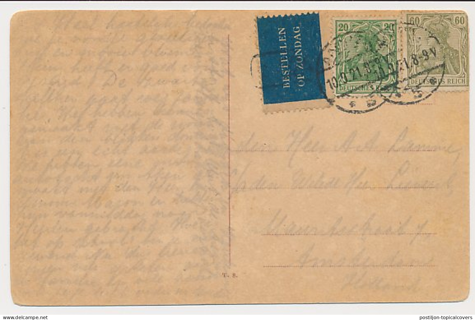 Bestellen Op Zondag - Aachen Duitsland - Amsterdam 1921 - Cartas & Documentos