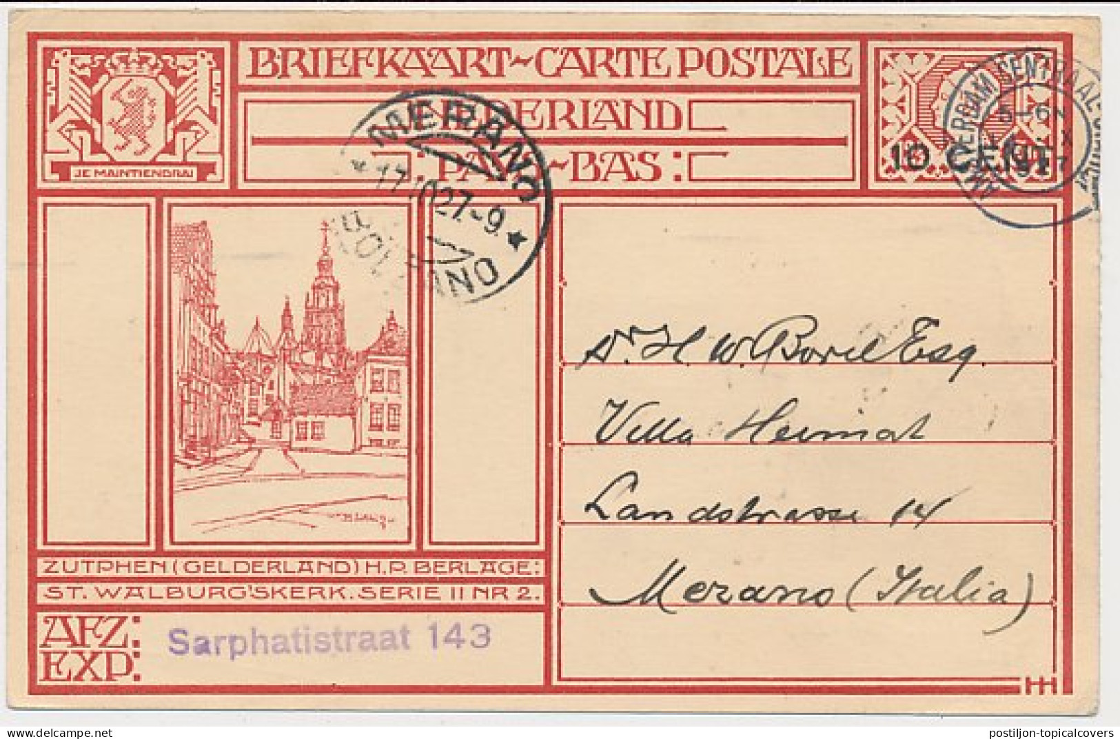 Briefkaart G. 214 B ( Zutphen ) Amsterdam - Italie 1927 - Postwaardestukken