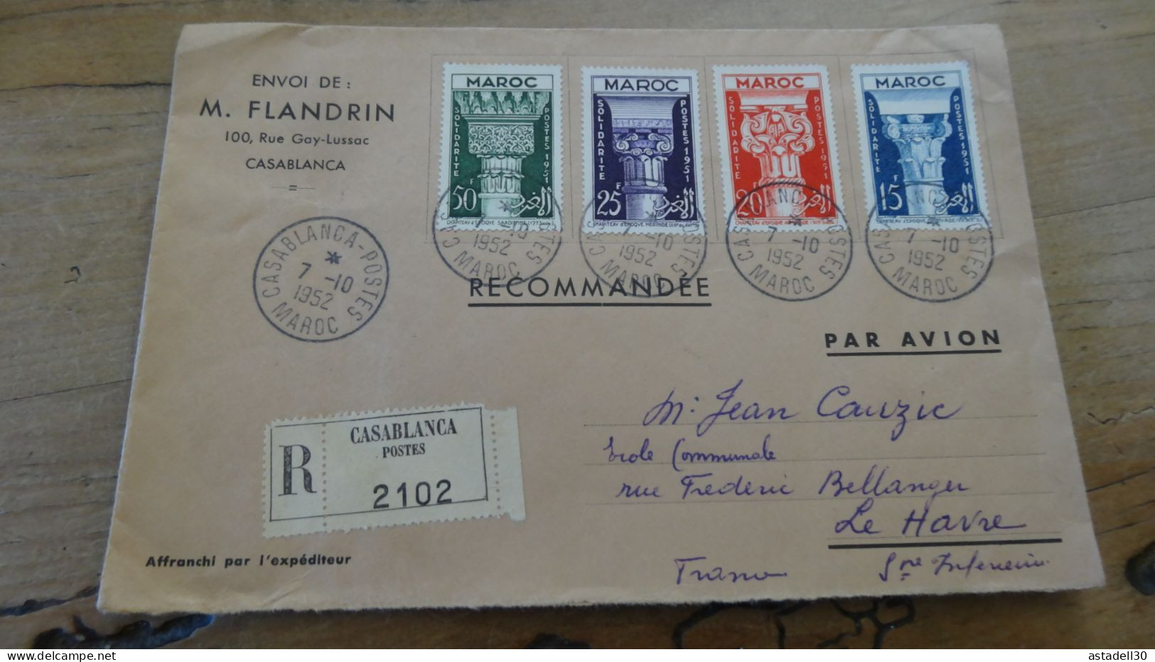 Enveloppe MAROC 1952, Recommandée, Par Avion  ............BOITE1.......... 428 - Briefe U. Dokumente