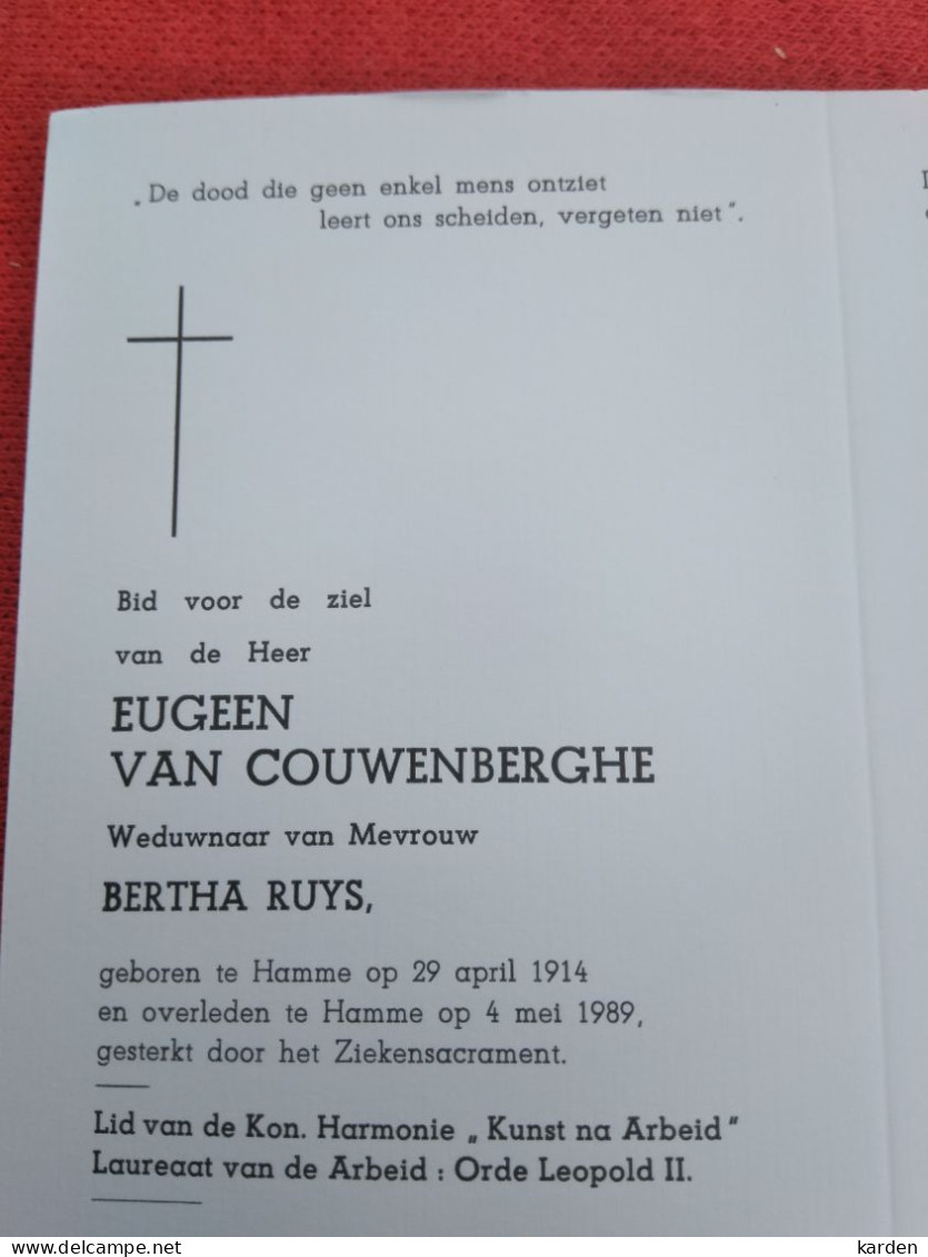 Doodsprentje Eugeen Van Couwenberghe / Hamme 29/4/1914 - 4/5/1989 ( Bertha Ruys ) - Religión & Esoterismo