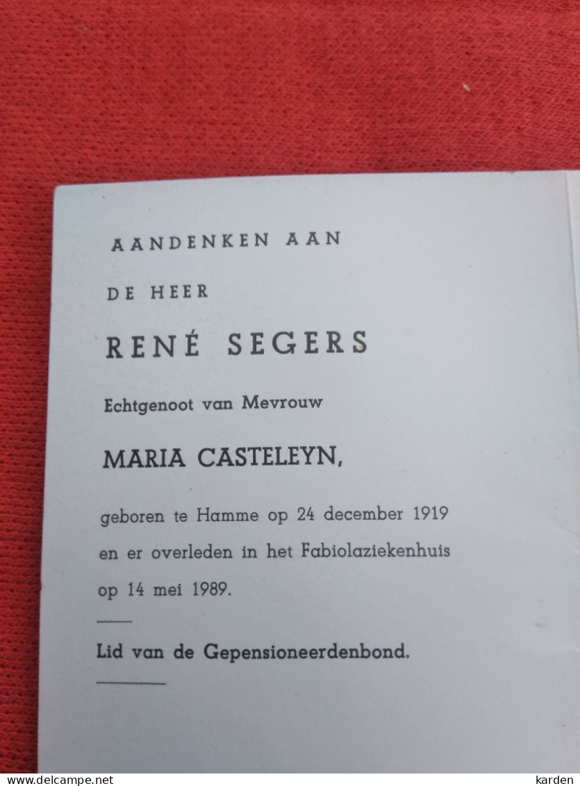 Doodsprentje René Segers / Hamme 24/12/1919 - 14/5/1989 ( Maria Casteleyn ) - Godsdienst & Esoterisme