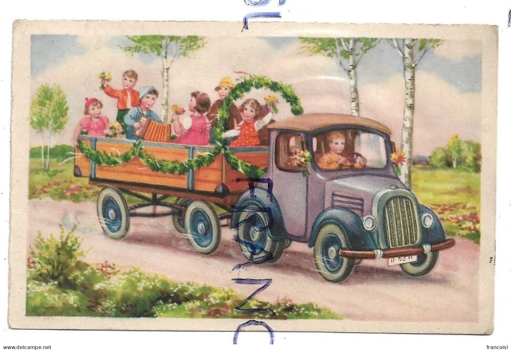 7 Enfants Dans Une Voiture à Remorque, Accordéon, Arche Florale - Scenes & Landscapes