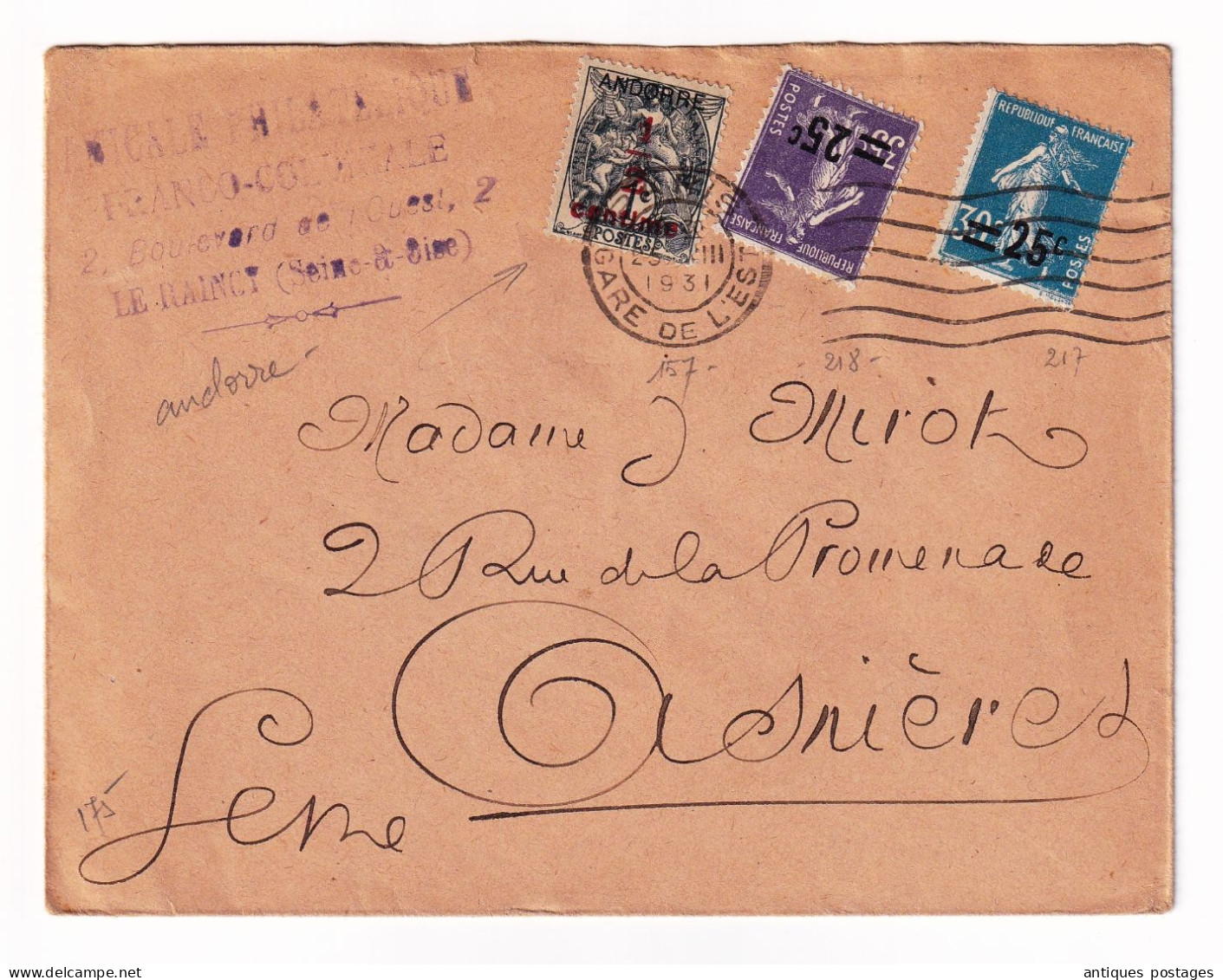 Type Blanc Surcharge Andorre Amicale Philatélique Franco-Coloniale Semeuse Surcharge  # 217 # 218 Paris Gare De L'Est - 1900-29 Blanc