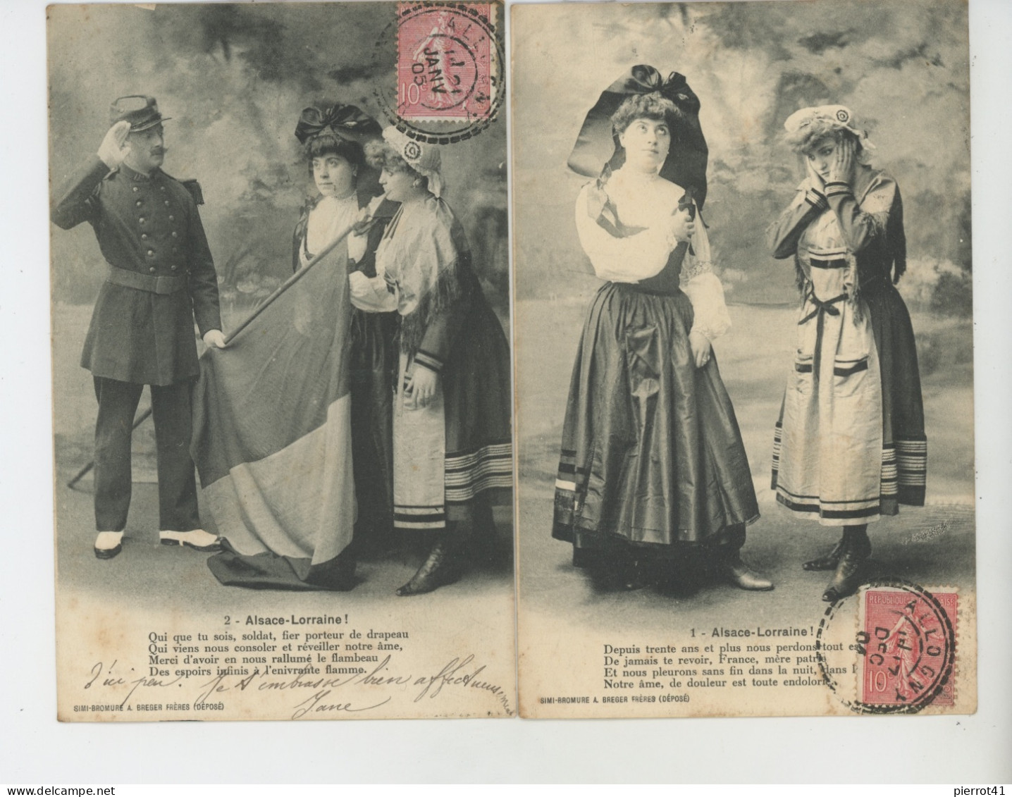 FEMMES - FRAU - LADY - Série De 5 Cartes Fantaisie Femmes Et Militaire & Drapeau Français "ALSACE LORRAINE " - Couples