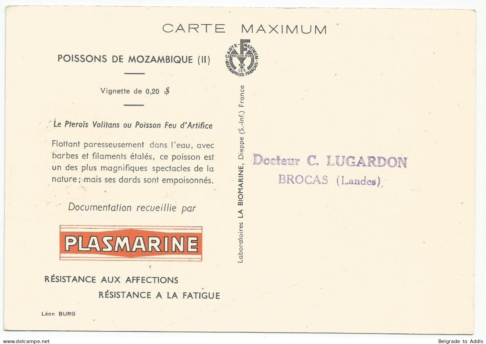 Mozambique Moçambique Portugal Afinsa 359 Used FDC On Maximum Card 1955 Poisson Fish - Vissen