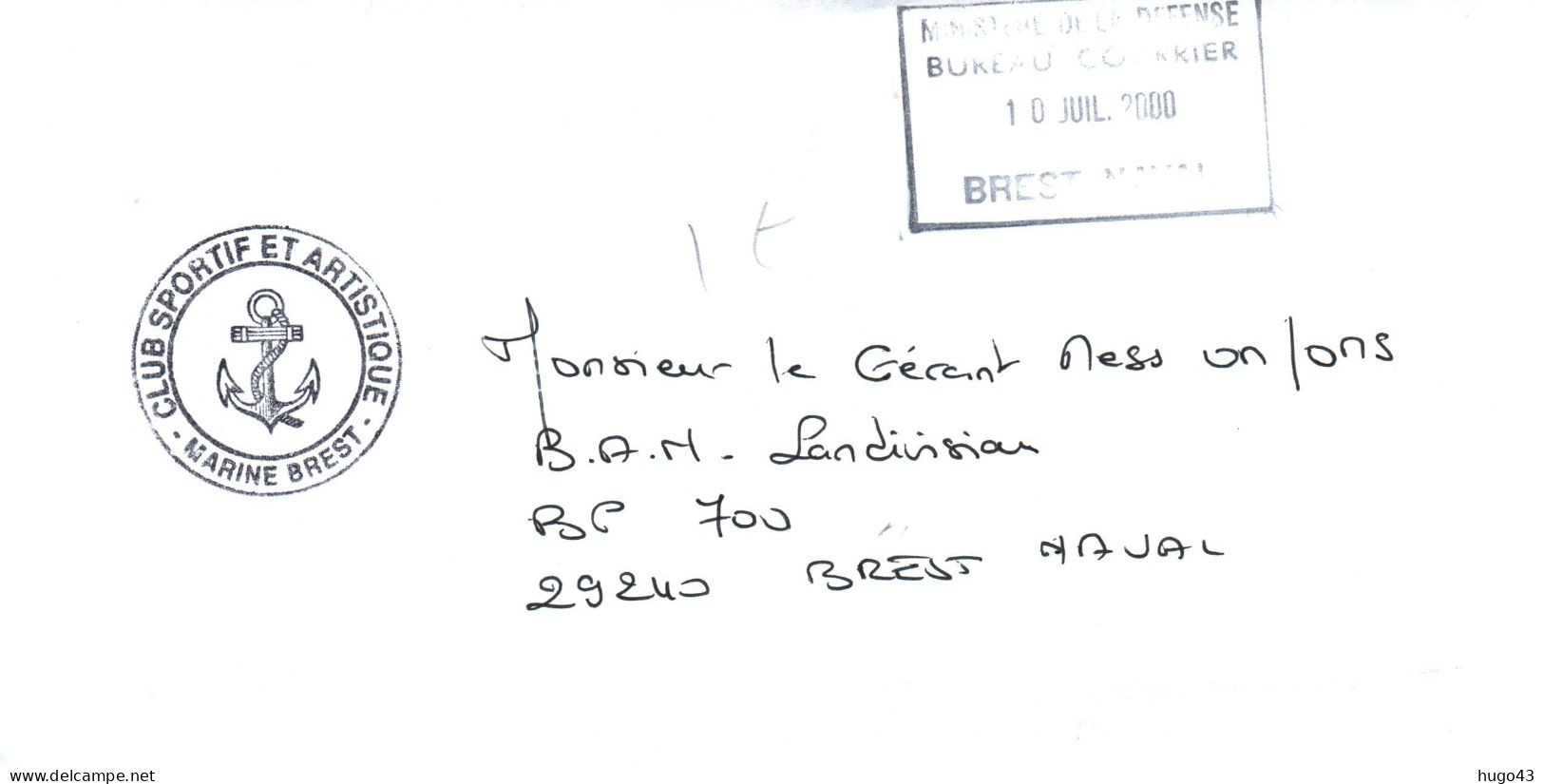 ENVELOPPE AVEC CACHET CLUB SPORTIF ET ARTISTIQUE MARINE BREST LE 10 JUILLET 2000 - BREST NAVAL - Correo Naval