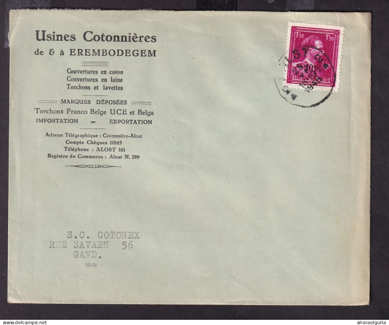 DDGG 149 -- Enveloppe TP Moins 10 % Surcharge Typo AALST 1946 - Entete Usines Cotonnières De EREMBODEGEM - 1946 -10 %