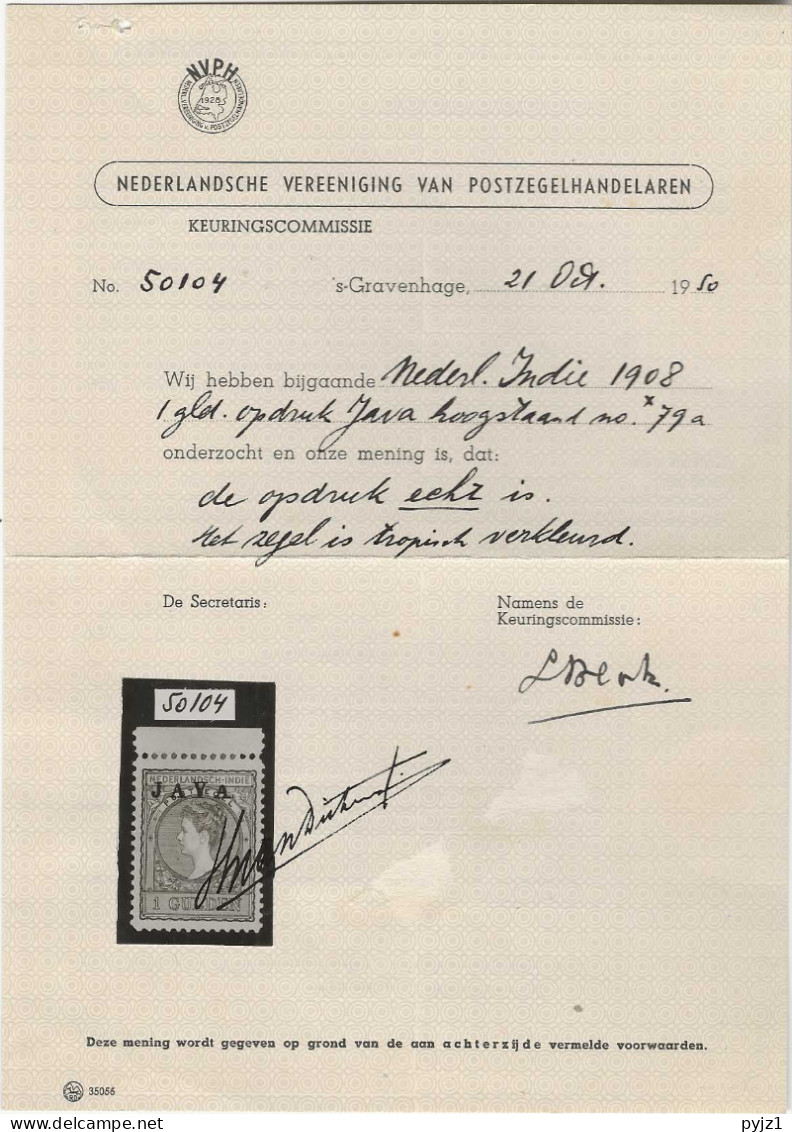 1908 MH Nederlands Indië NVPH 79a With Old Certificate - Indes Néerlandaises